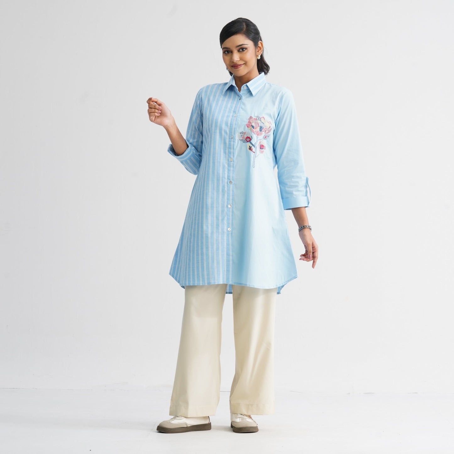 Womenâ€™s Sky Blue Floral Embroidered Shirt