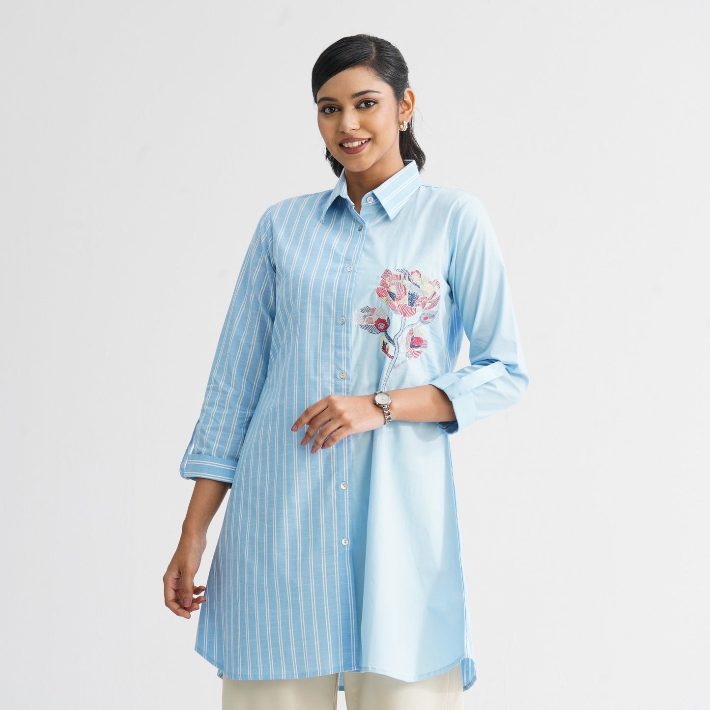 Womenâ€™s Sky Blue Floral Embroidered Shirt