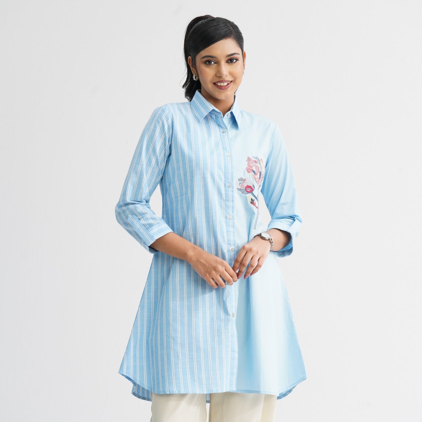 Womenâ€™s Sky Blue Floral Embroidered Shirt