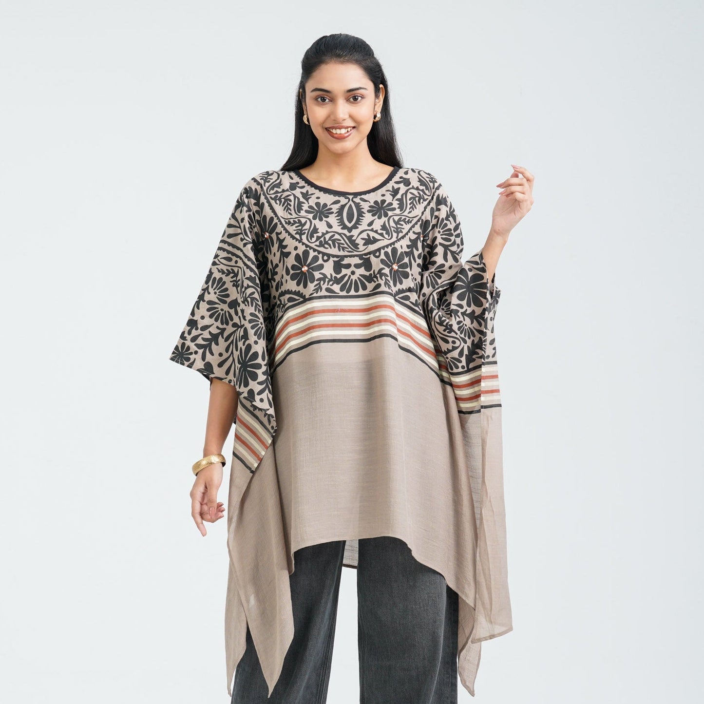 Women’s Floral Brown Mirror Kaftan Top