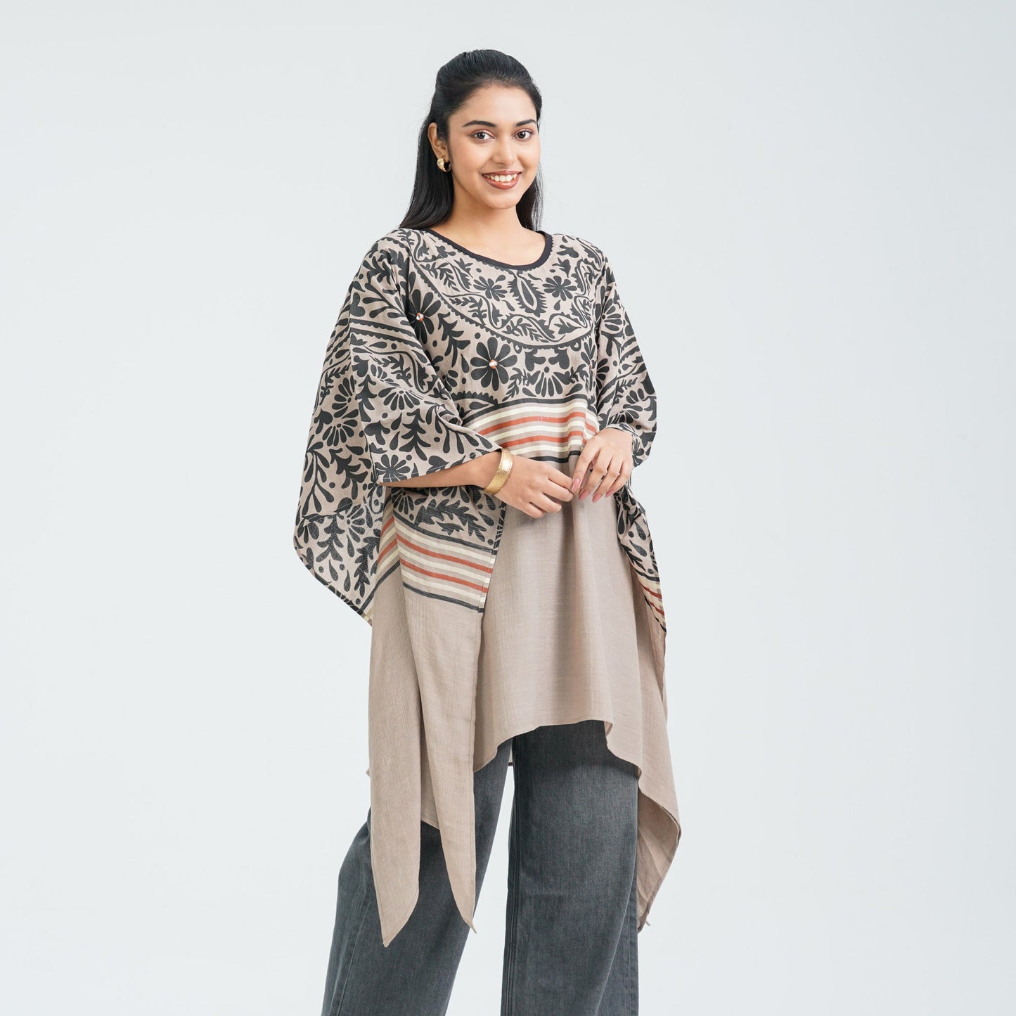 Women’s Floral Brown Mirror Kaftan Top