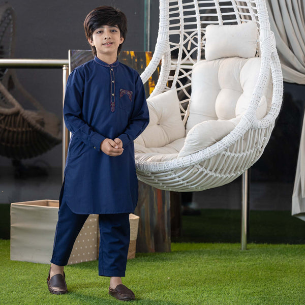 Boys Navy Embroidered Kabli