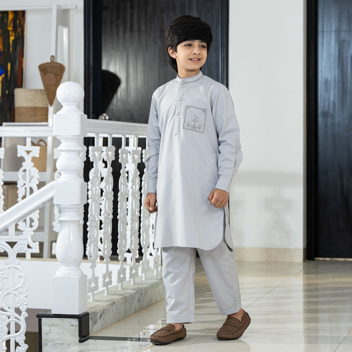 Boys Grey Embroidered Kabli