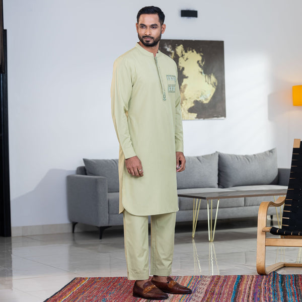 Men's Mint Embroidered Kabli Set