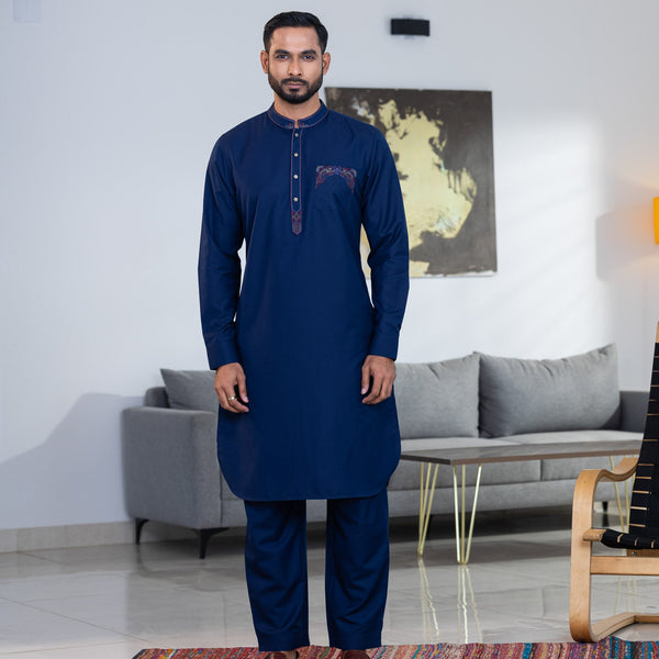 Men's Navy Embroidered Kabli Set