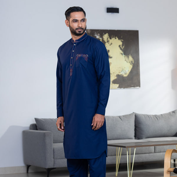 Men's Navy Embroidered Kabli Set