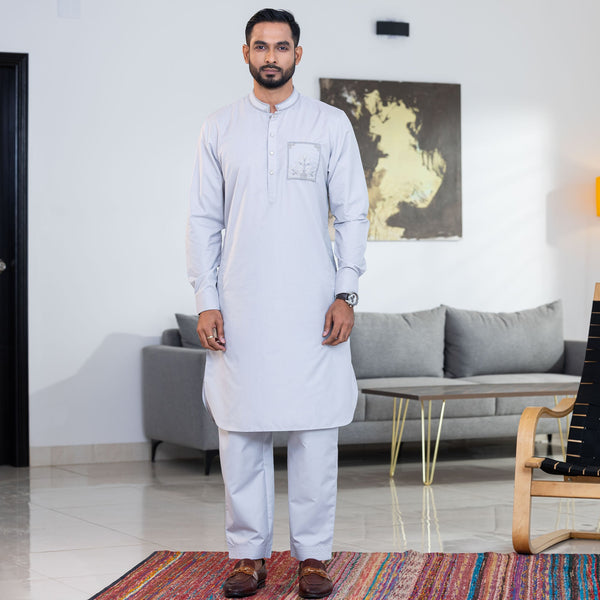 Men's Grey Embroidered Kabli Set