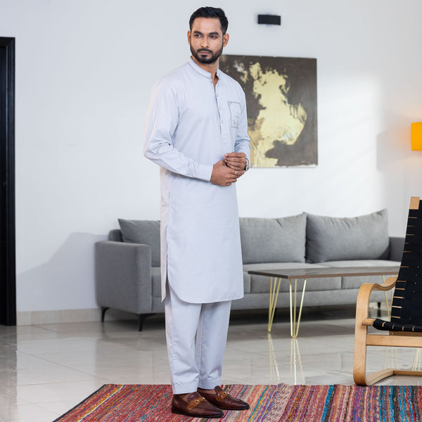 Men's Grey Embroidered Kabli Set