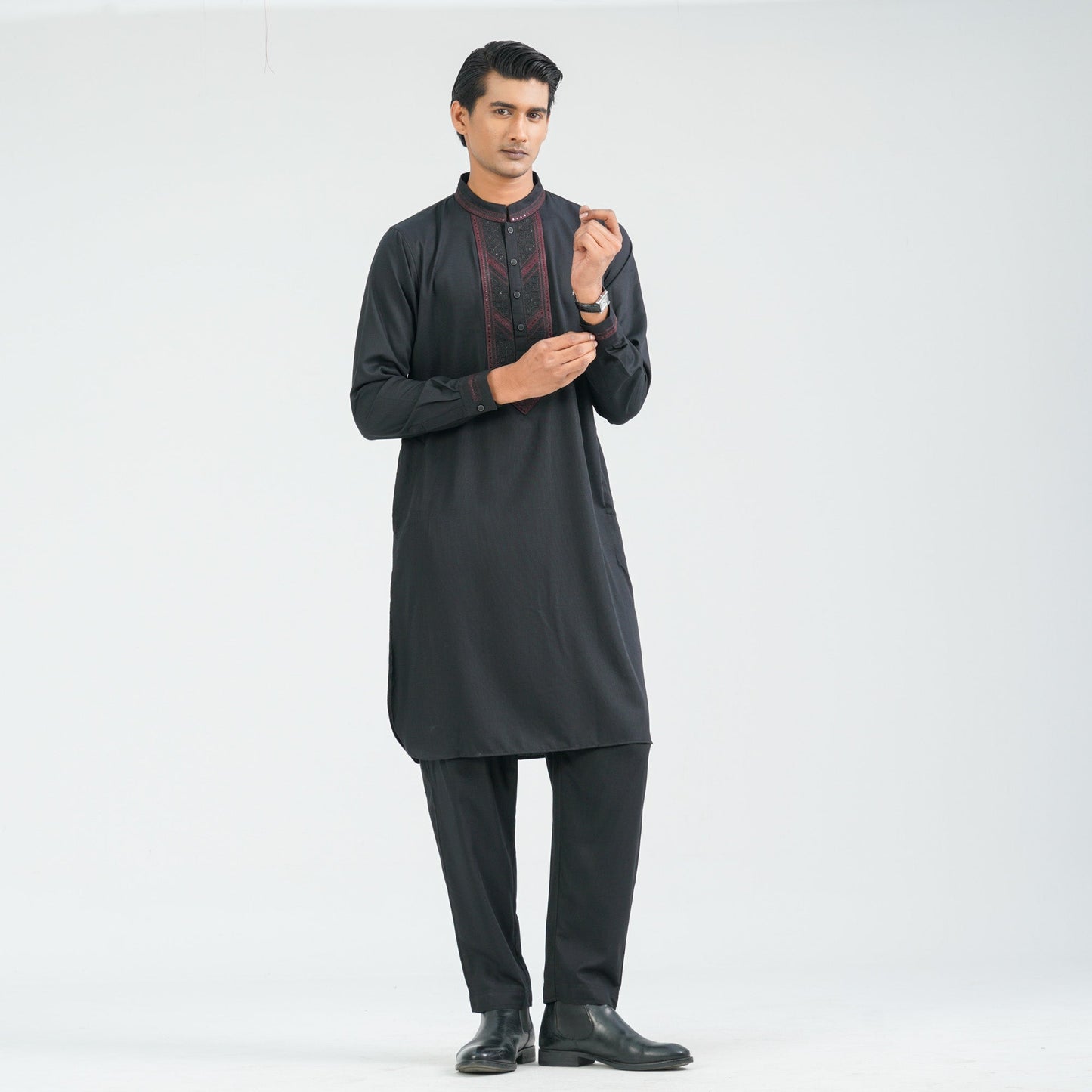 Men’s Black Embroidered Viscose Kabli
