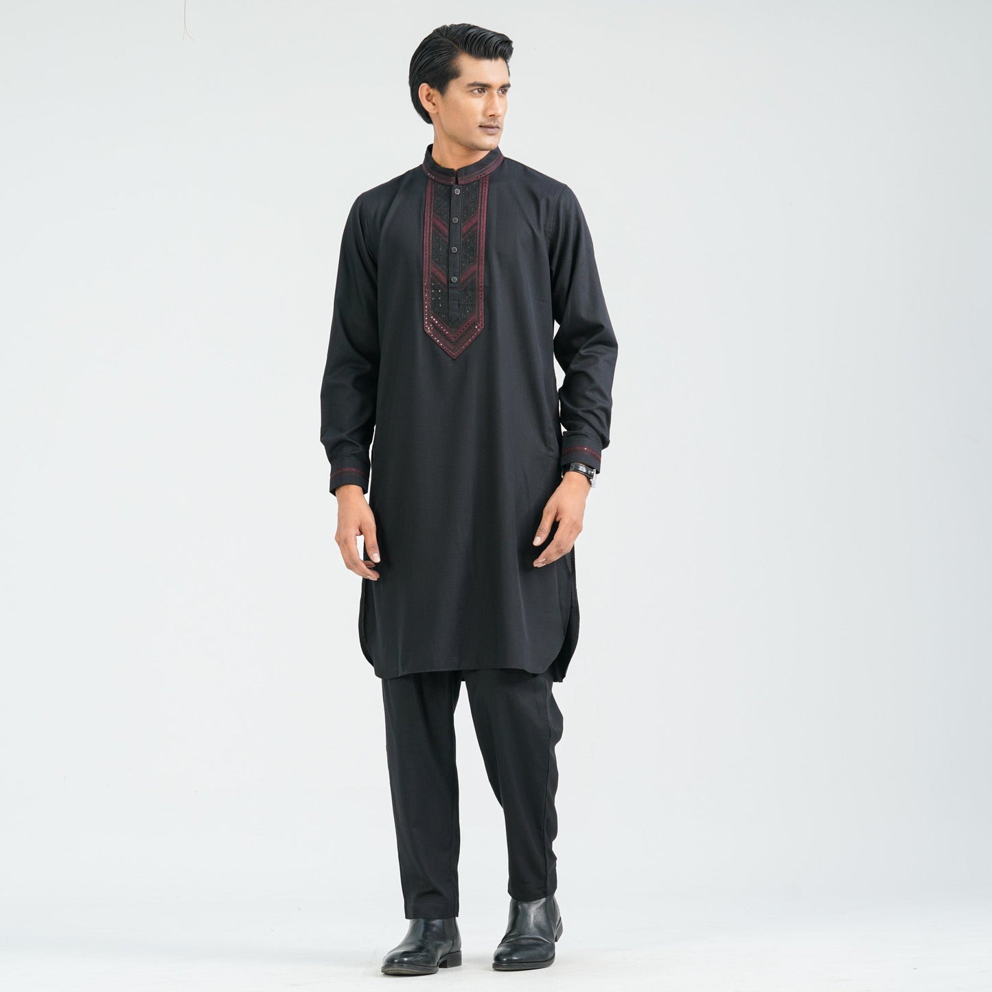 Men’s Black Embroidered Viscose Kabli