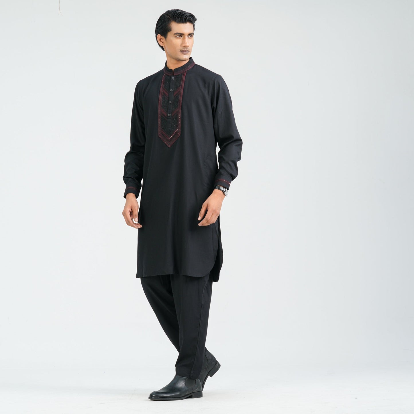 Men’s Black Embroidered Viscose Kabli