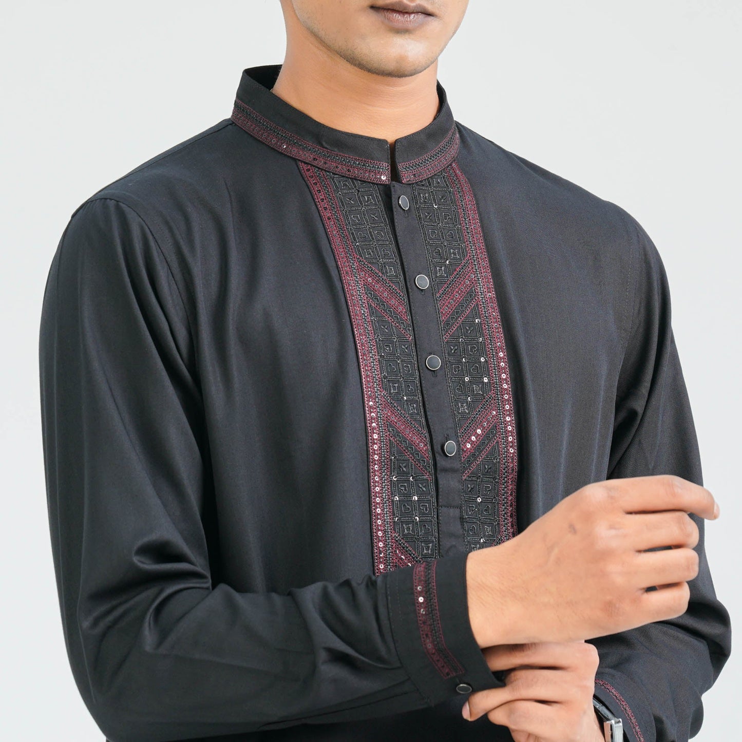 Men’s Black Embroidered Viscose Kabli
