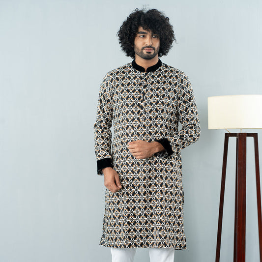 Mens Basic Panjabi- Black Lvory