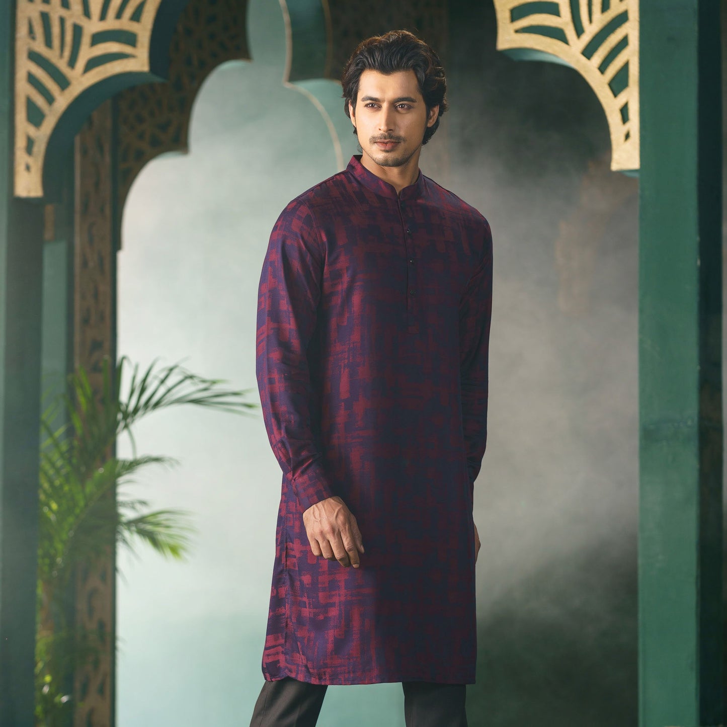 Mens Maroon Jacquard Panjabi