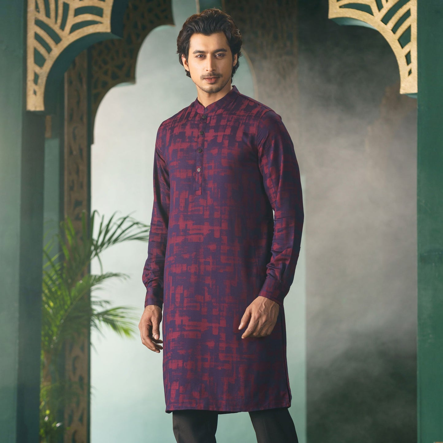 Mens Maroon Jacquard Panjabi