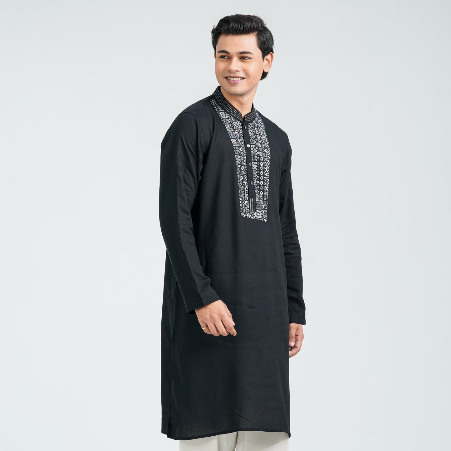 Men's Black Linen Viscose Panjabi