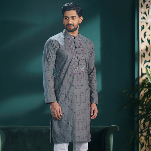 Men's Grey Print & Embroidery Panjabi