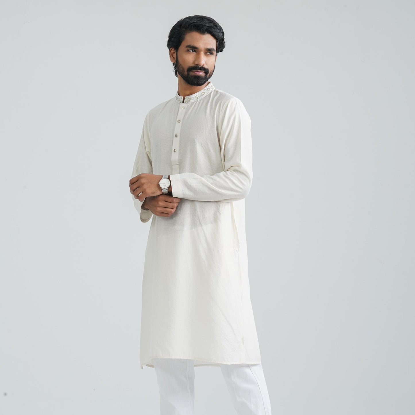 Mens Off White Embroidered Panjabi