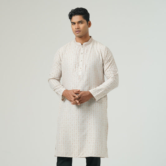 Mens Beige print Embroidery Panjabi