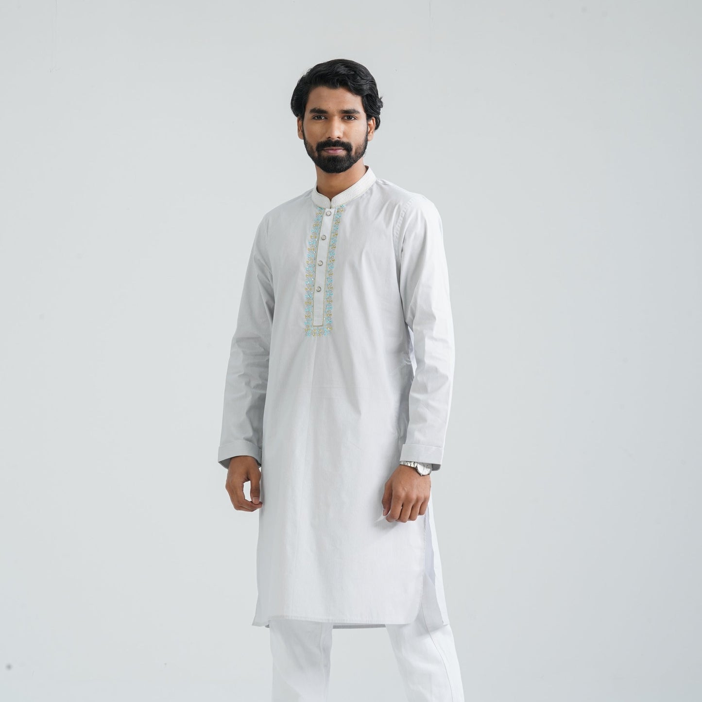 Men’s White Check Embroidery Panjabi