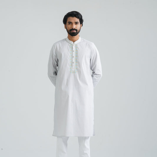 Men’s White Check Embroidery Panjabi