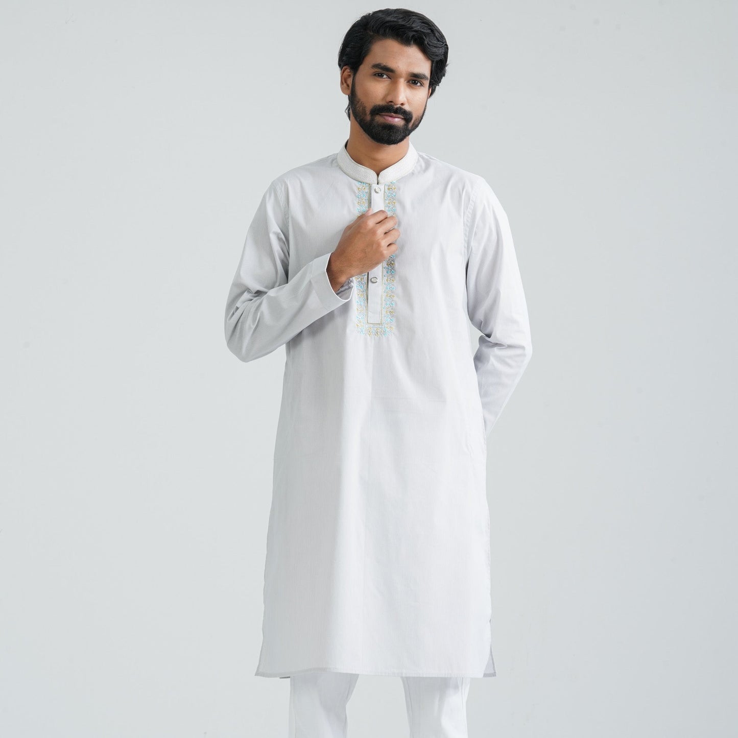 Men’s White Check Embroidery Panjabi