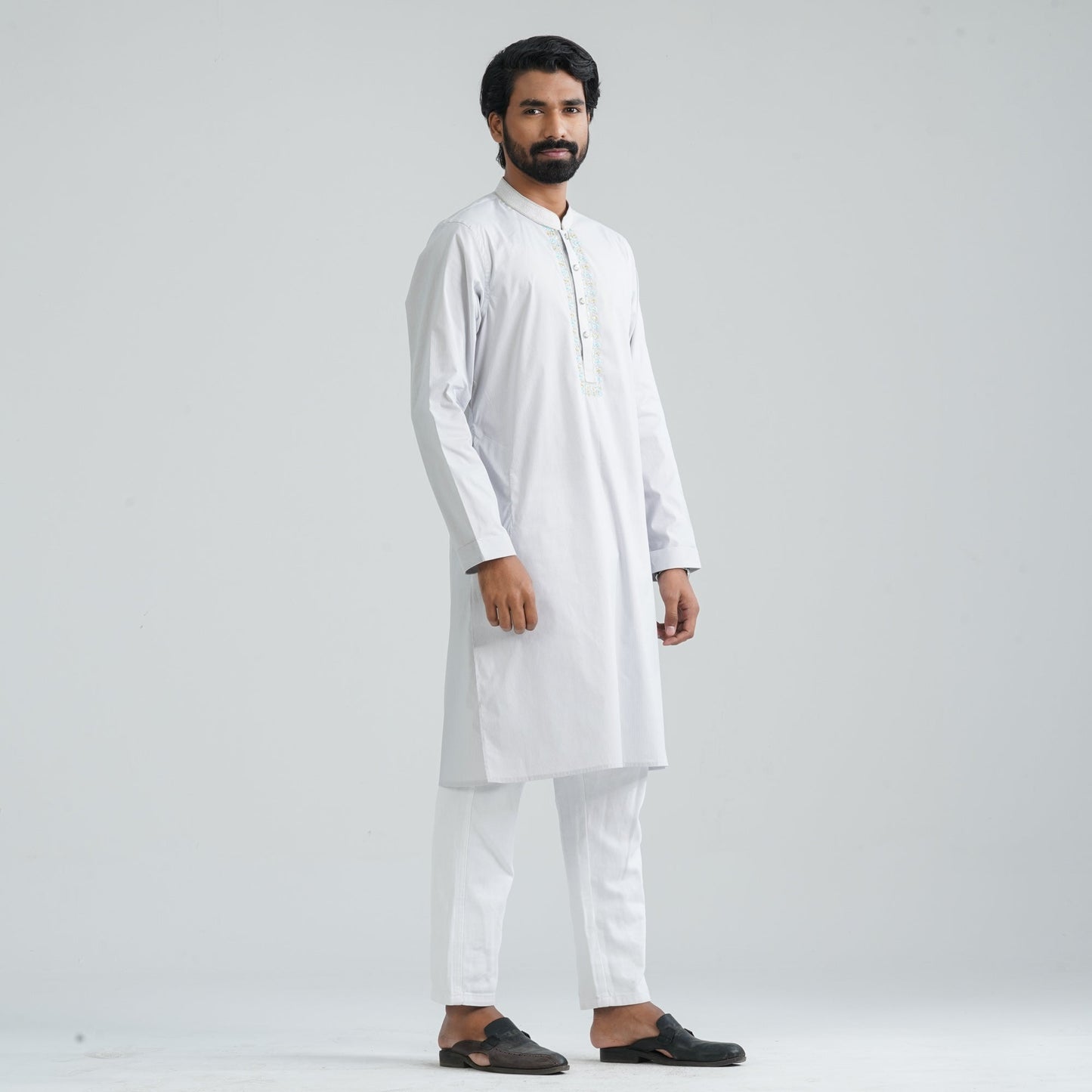 Men’s White Check Embroidery Panjabi