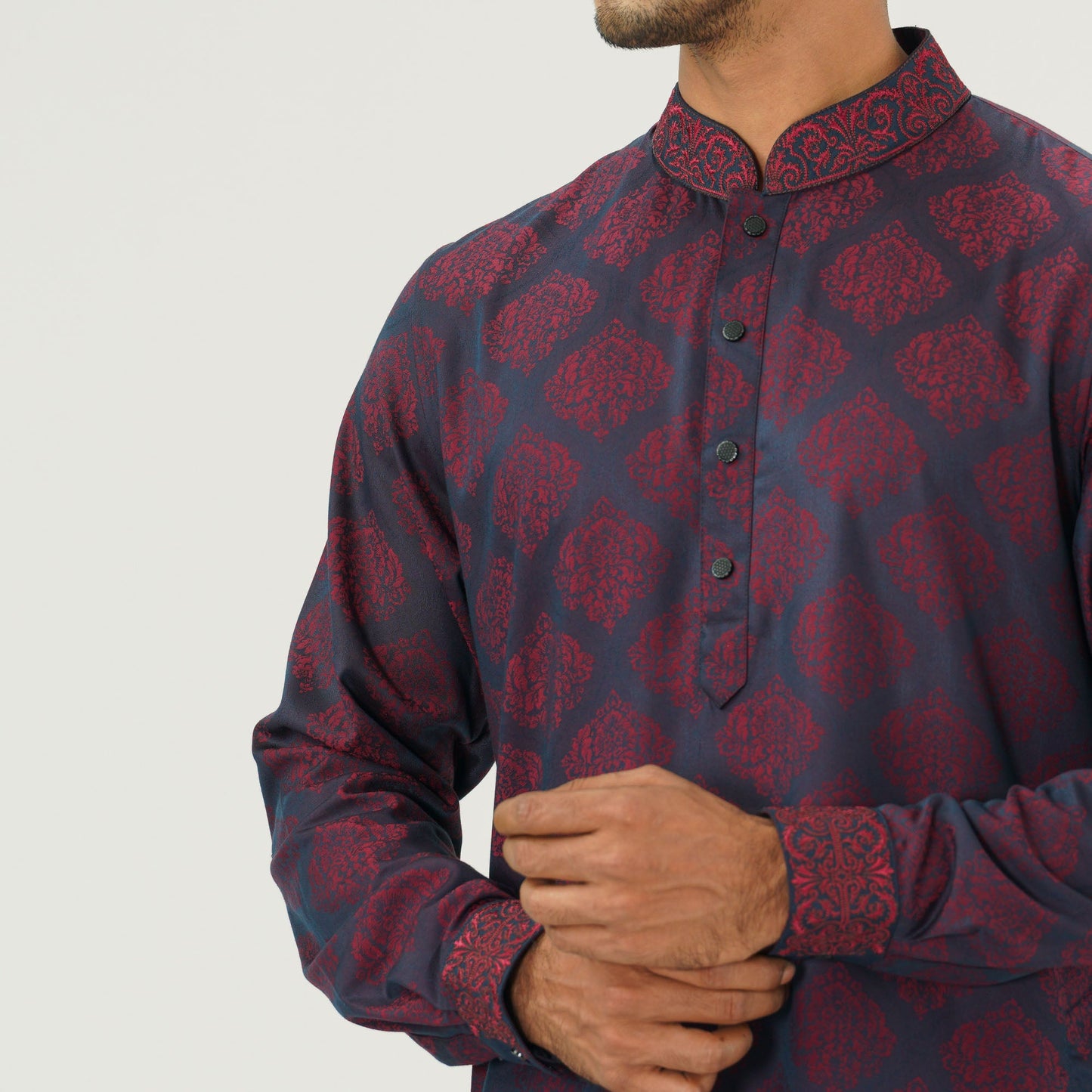 Mens Maroon Jacquard Panjabi