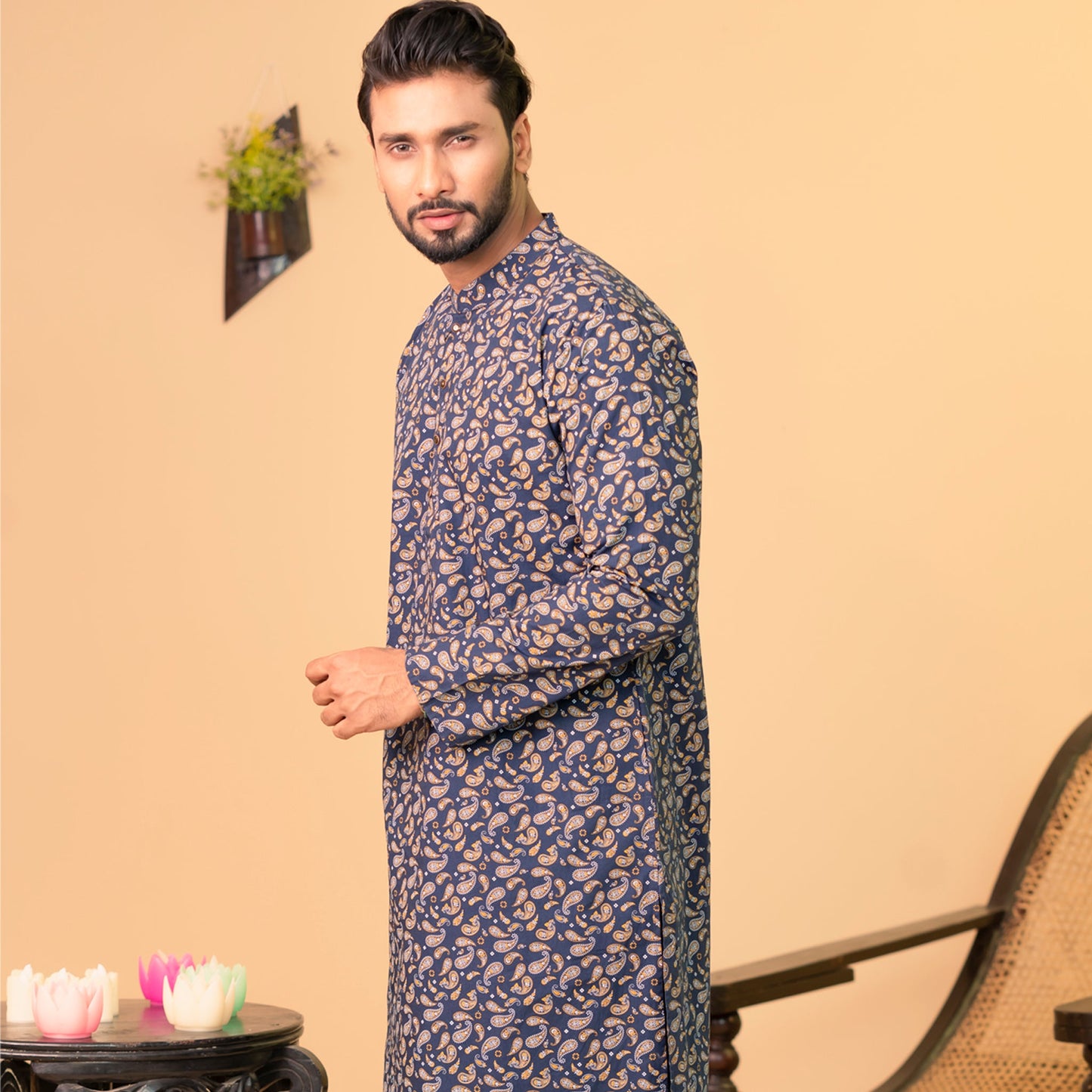 Mens Basic Panjabi-Navy Kalka Print