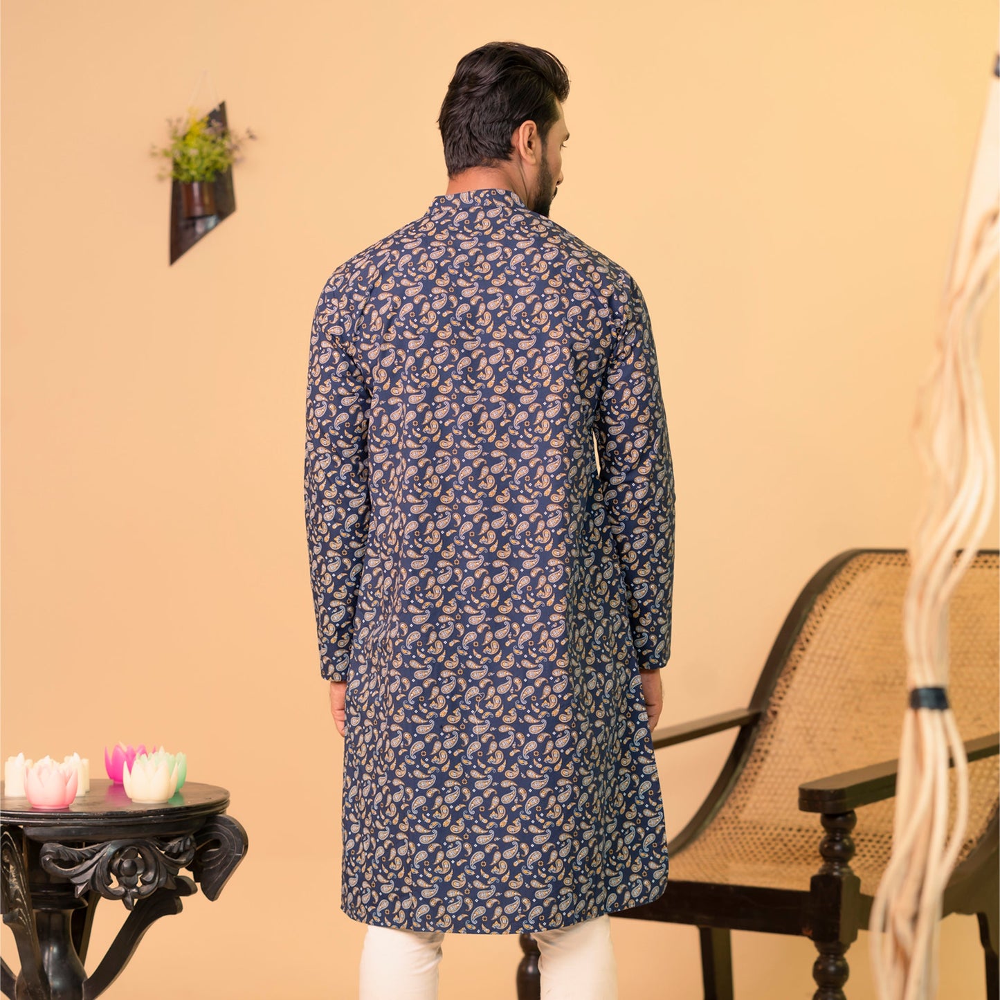 Mens Basic Panjabi-Navy Kalka Print
