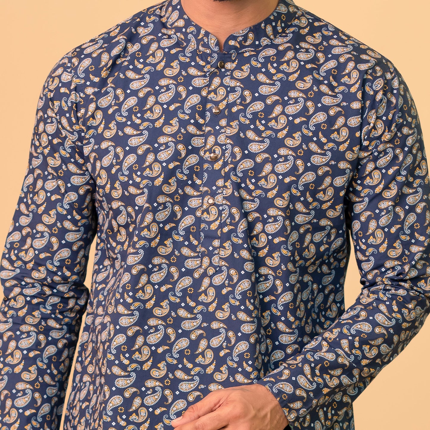 Mens Basic Panjabi-Navy Kalka Print