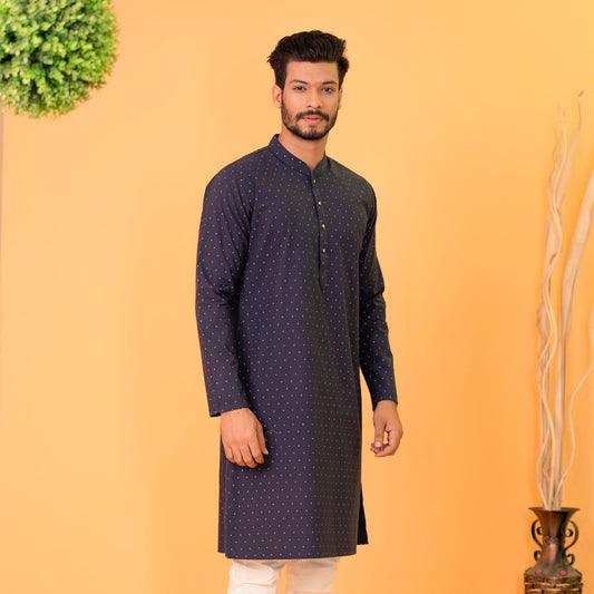 Mens Panjabi-Navy White Printed