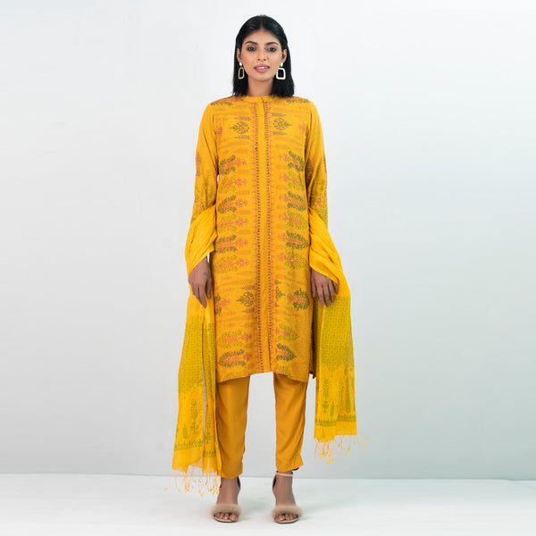 Women Mustard Screen Print 3-Piece Set