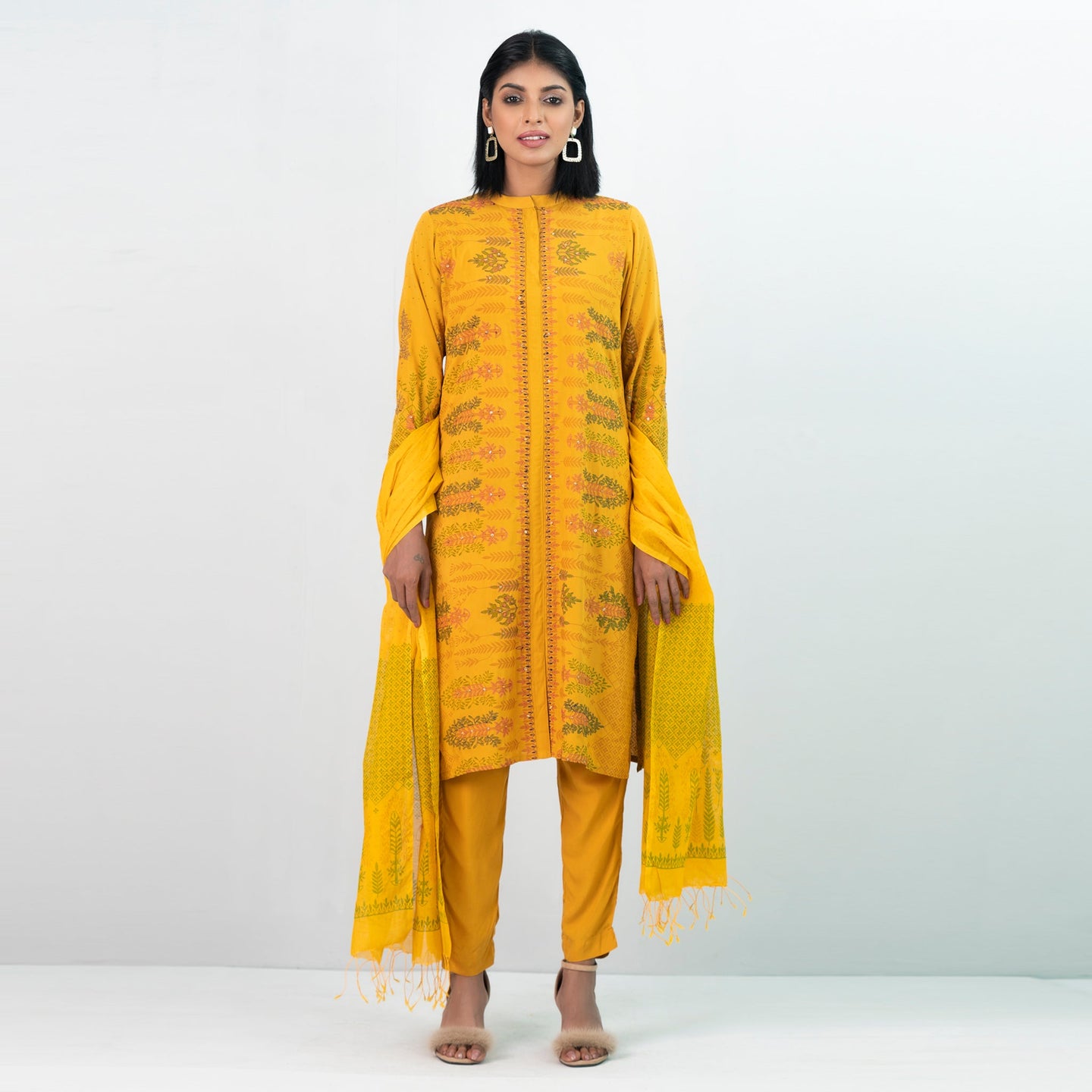 Women Mustard Screen Print 3-Piece Set