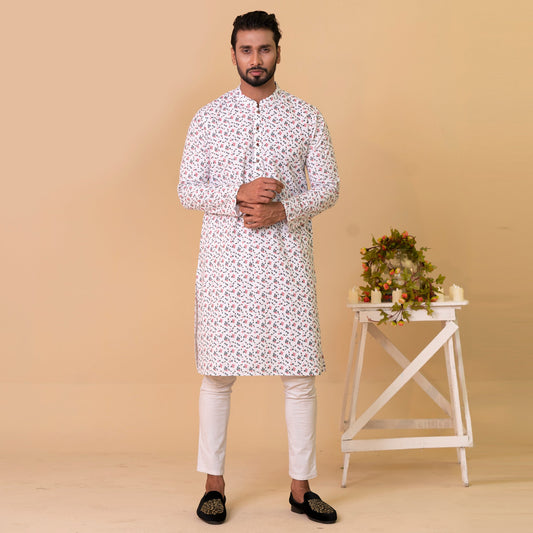 Mens Basic Panjabi-White Print 1