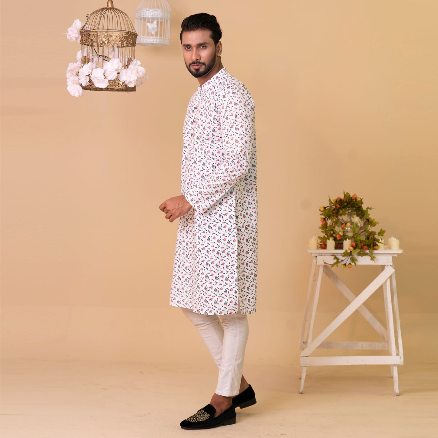 Mens Basic Panjabi-White Print 1
