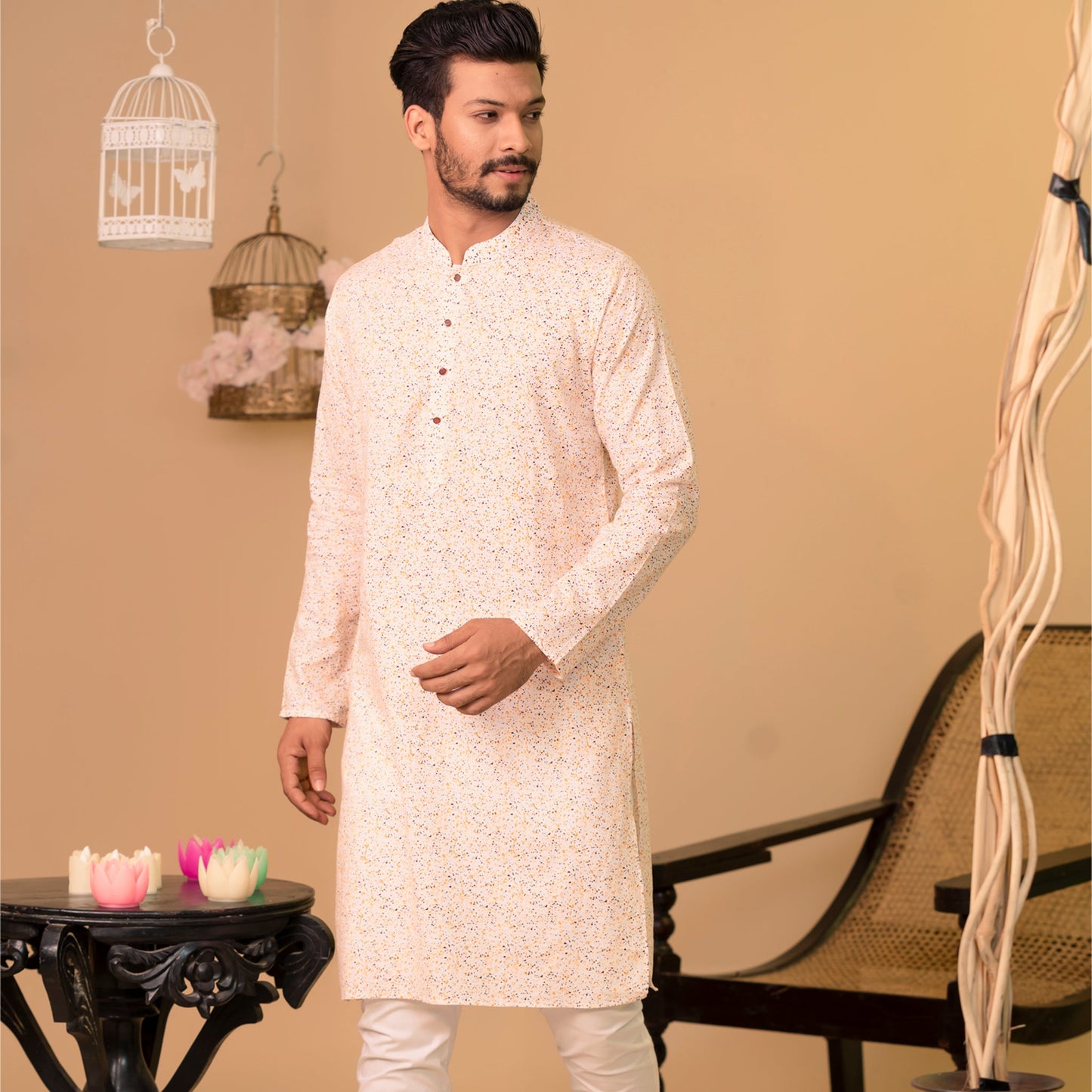 Mens Basic Panjabi-White Yellow Print