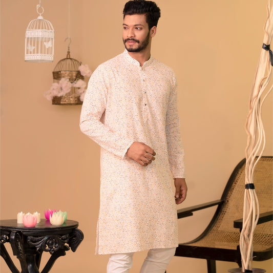 Mens Basic Panjabi-White Yellow Print