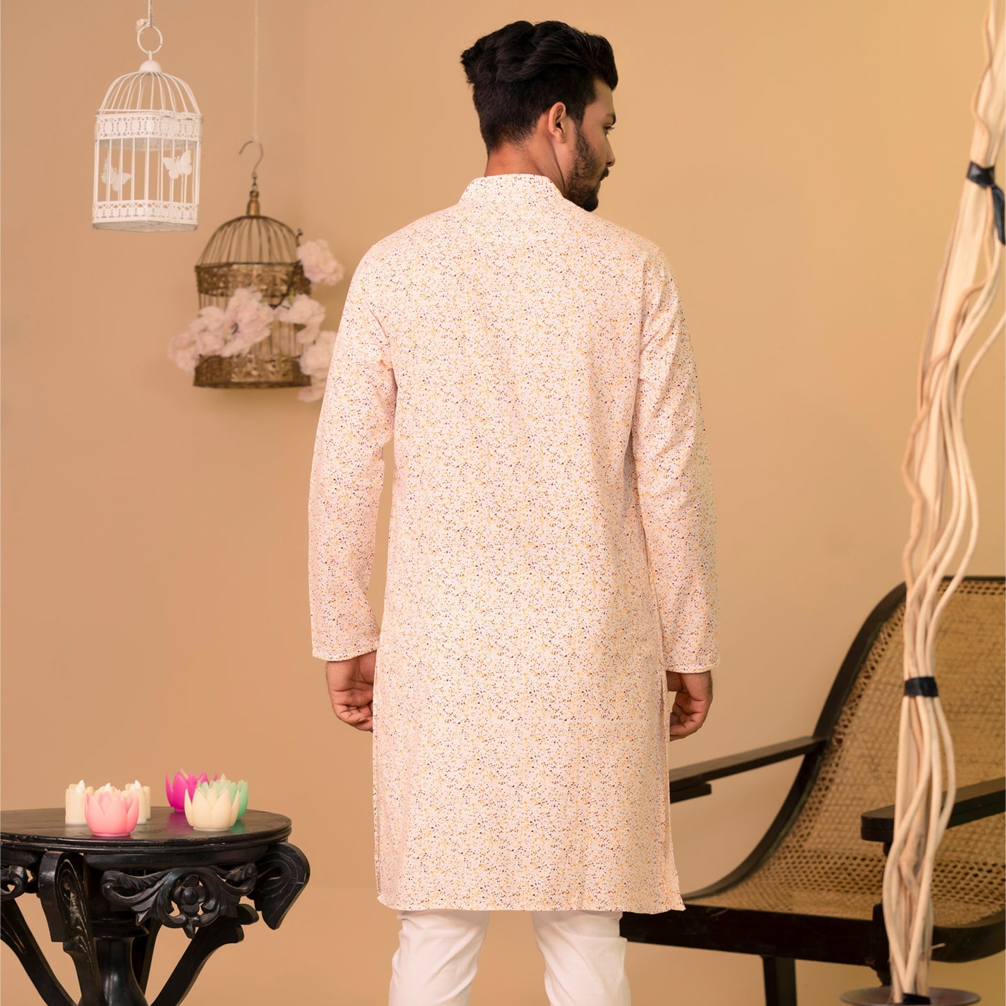 Mens Basic Panjabi-White Yellow Print