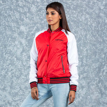 Load image into Gallery viewer, WOMENS BOMBER JACKET- RED/WHITE
