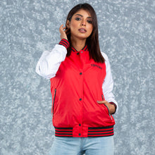 Load image into Gallery viewer, WOMENS BOMBER JACKET- RED/WHITE
