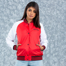 Load image into Gallery viewer, WOMENS BOMBER JACKET- RED/WHITE
