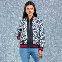 Load image into Gallery viewer, WOMENS BOMBER JACKET- BLACK/WHITE AOP
