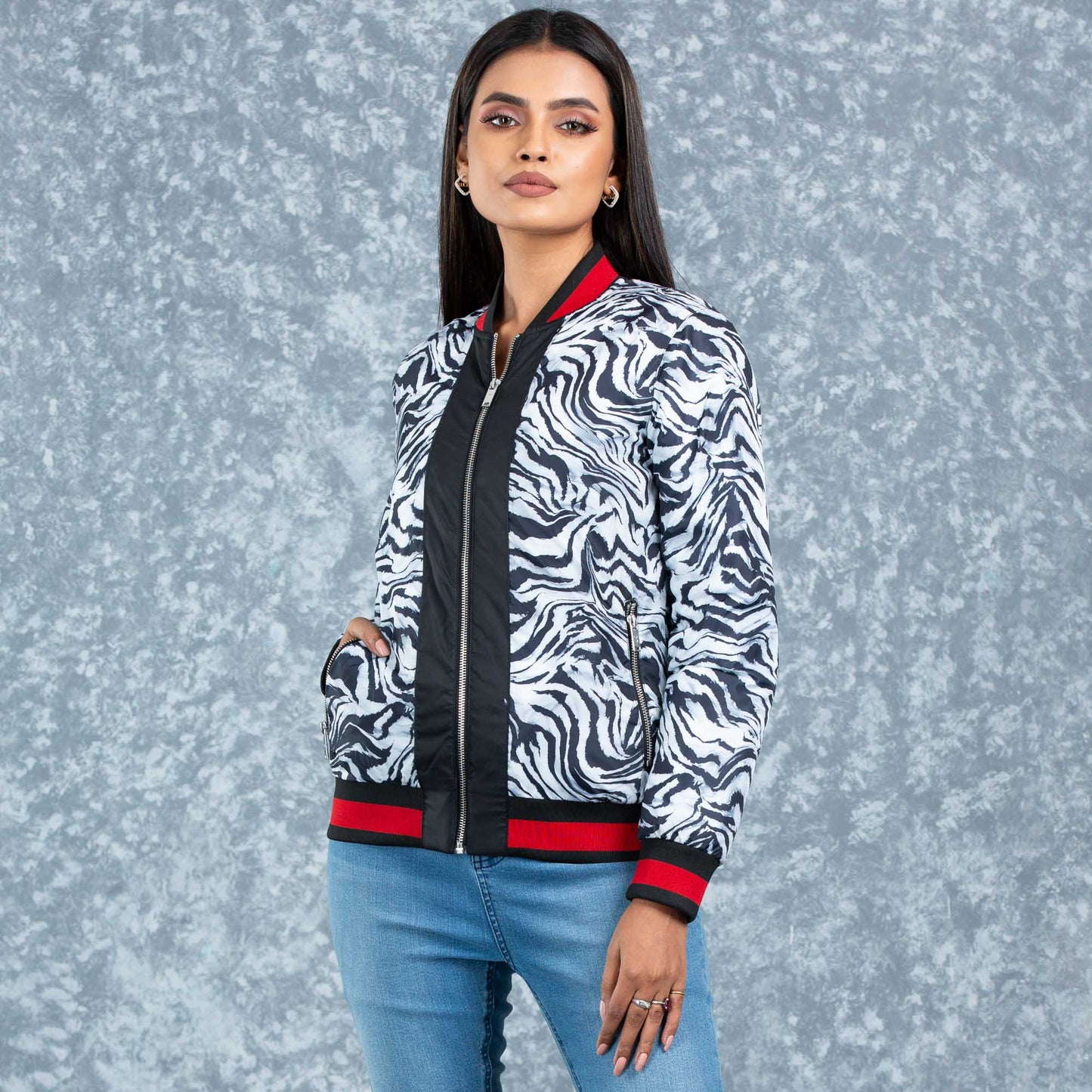 Womens Bomber Jacket- Black/White Aop