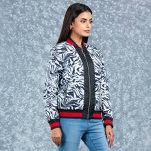 Load image into Gallery viewer, WOMENS BOMBER JACKET- BLACK/WHITE AOP
