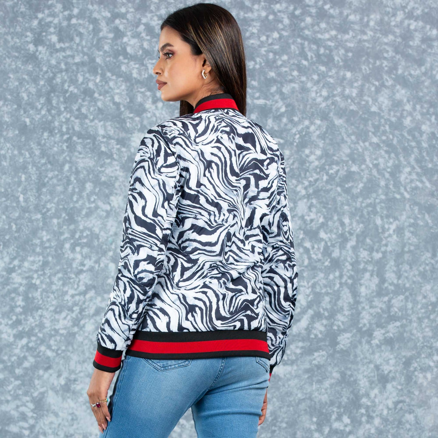 Womens Bomber Jacket- Black/White Aop