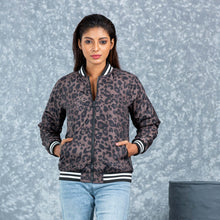 Load image into Gallery viewer, WOMENS BOMBER JACKET- OLIVE/BLACK AOP
