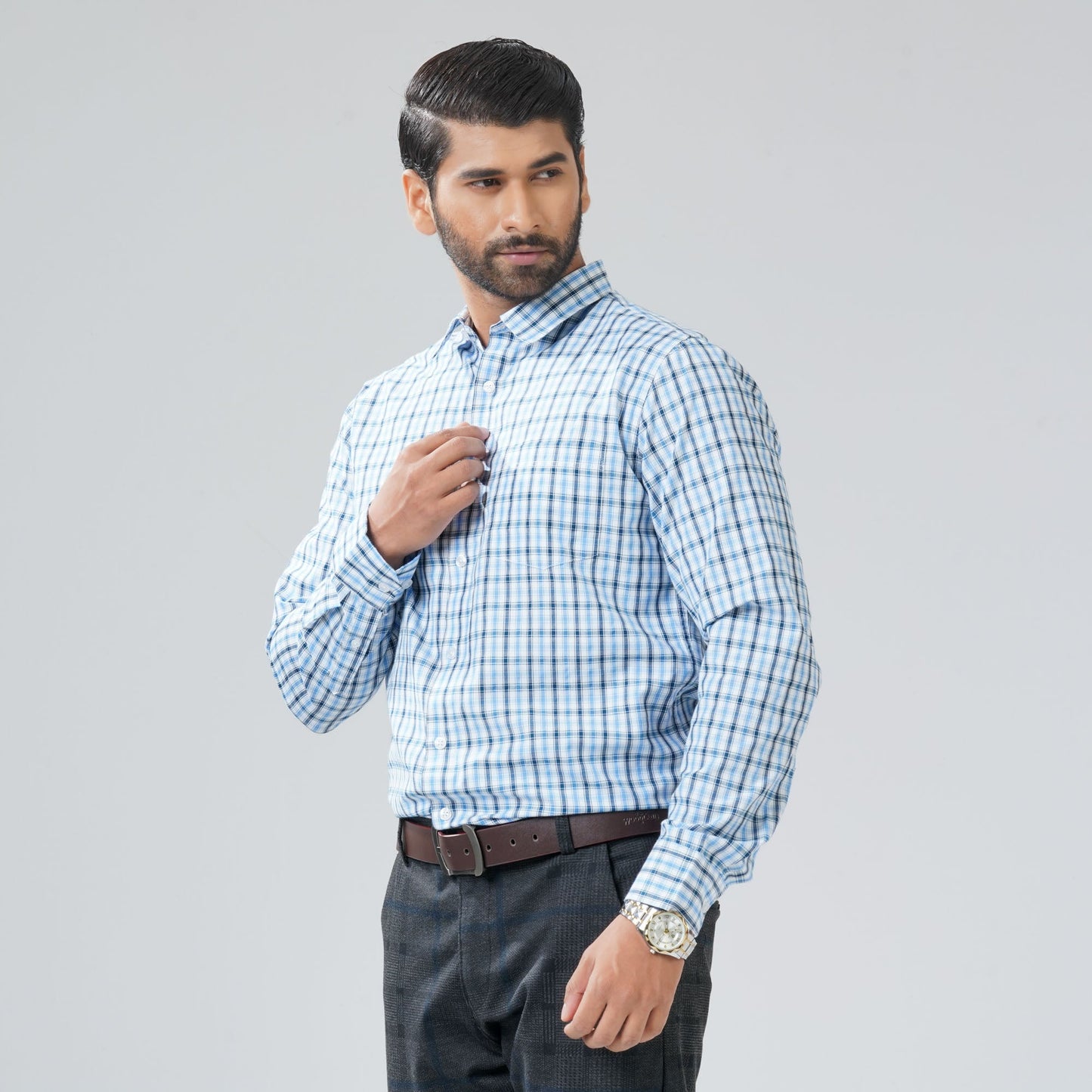 Mens Blue Check Formal Shirt