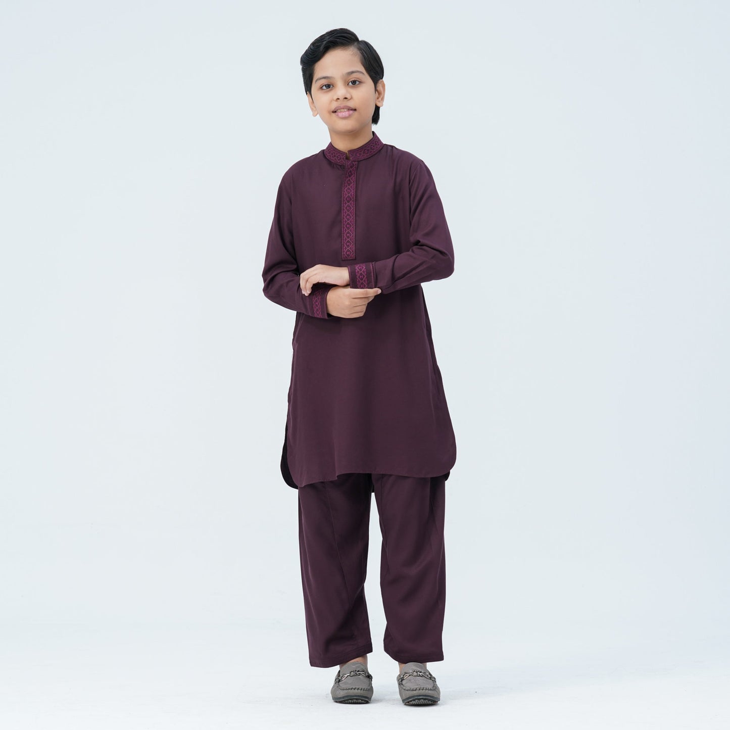 Boy's Maroon Viscose Embroidered Kabli