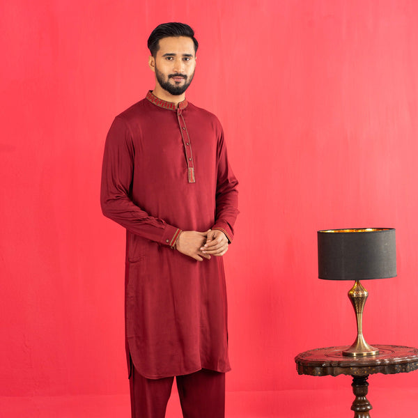 Mens Embroidery Kabli- Maroon